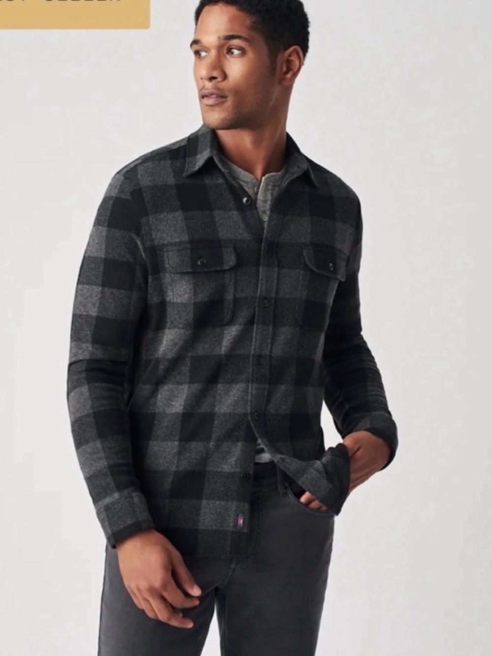 FAHERTY Legend Sweater Charcoal Black Buffalo Button Up Shirt. Size Large.